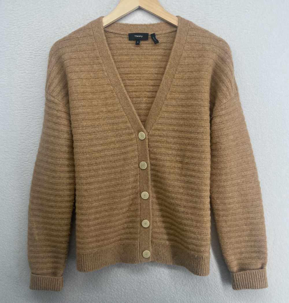 THEORY Sweater Womens M Paramour Wool Yak Ribbed Cardigan Button Up Camel Beige